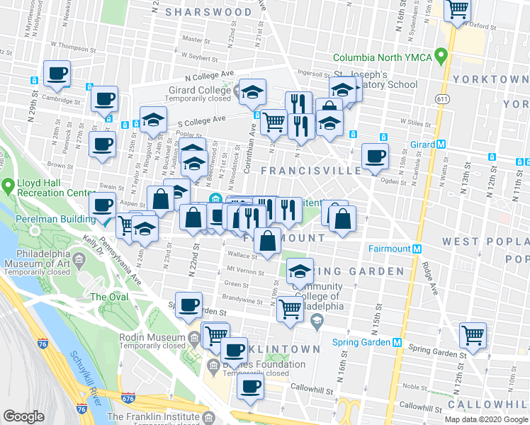 map of restaurants, bars, coffee shops, grocery stores, and more near 1123 Marlborough Street in Philadelphia
