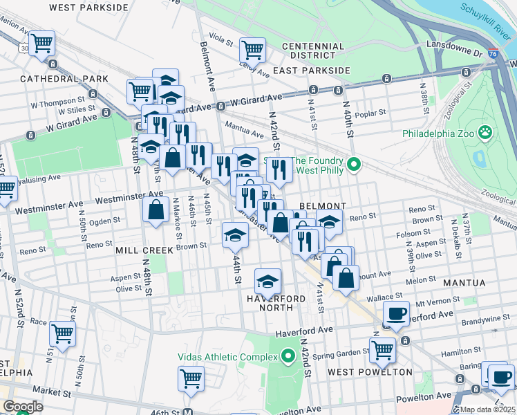map of restaurants, bars, coffee shops, grocery stores, and more near 4255 Ogden Street in Philadelphia