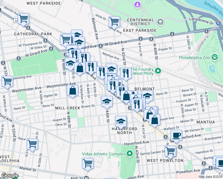 map of restaurants, bars, coffee shops, grocery stores, and more near 4255 Ogden Street in Philadelphia