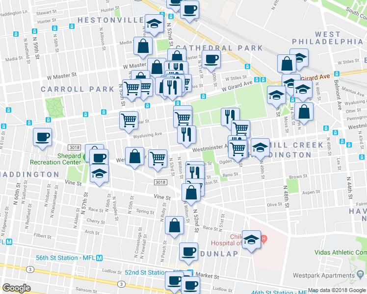 map of restaurants, bars, coffee shops, grocery stores, and more near 533 North 52nd Street in Philadelphia