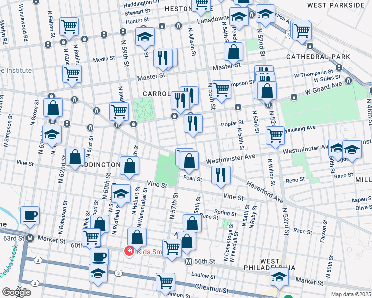 map of restaurants, bars, coffee shops, grocery stores, and more near 5603 Wyalusing Avenue in Philadelphia