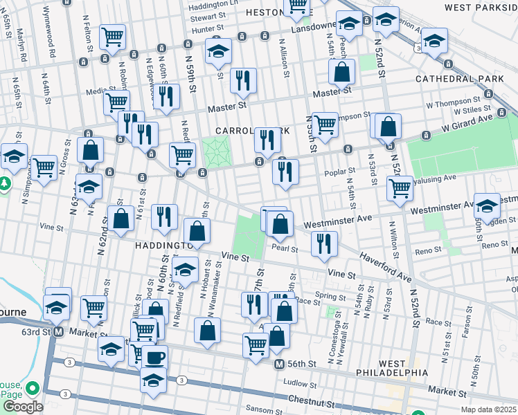 map of restaurants, bars, coffee shops, grocery stores, and more near 616 North 57th Street in Philadelphia