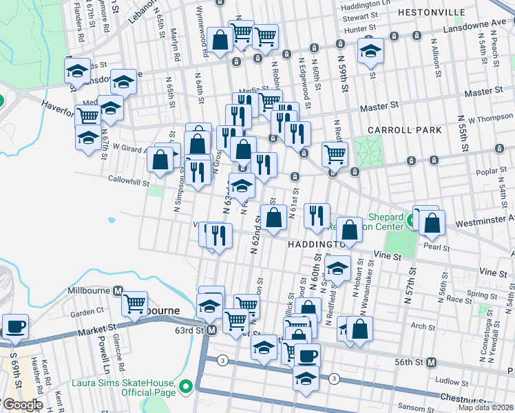 map of restaurants, bars, coffee shops, grocery stores, and more near 423 North 62nd Street in Philadelphia