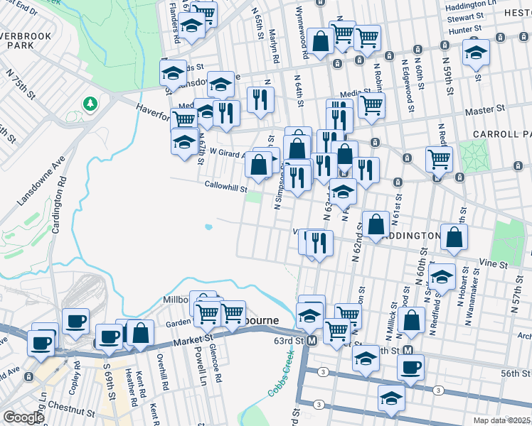 map of restaurants, bars, coffee shops, grocery stores, and more near 317 North 65th Street in Philadelphia
