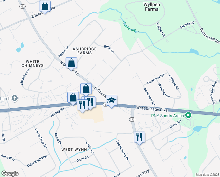map of restaurants, bars, coffee shops, grocery stores, and more near 1504 Windermere Road in West Chester