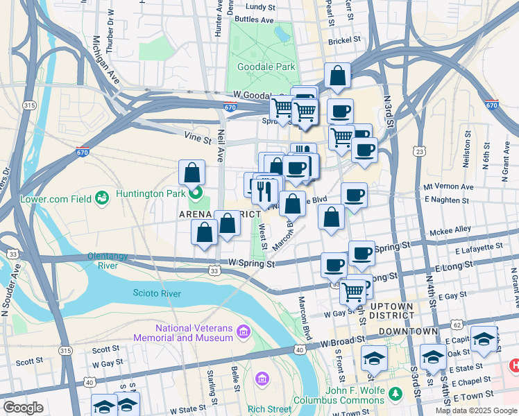 map of restaurants, bars, coffee shops, grocery stores, and more near 224 West Nationwide Boulevard in Columbus