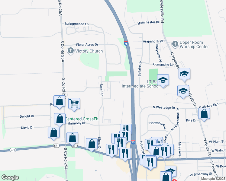 map of restaurants, bars, coffee shops, grocery stores, and more near 1270 Sequoia Court in Tipp City