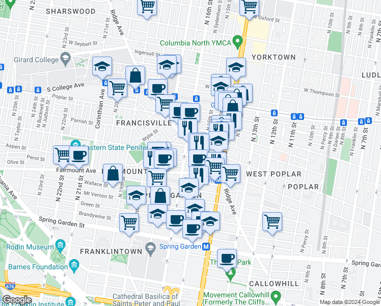 map of restaurants, bars, coffee shops, grocery stores, and more near 1517 Brown Street in Philadelphia