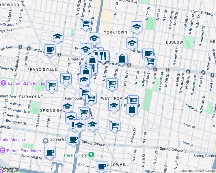 map of restaurants, bars, coffee shops, grocery stores, and more near 1219 Parrish Street in Philadelphia
