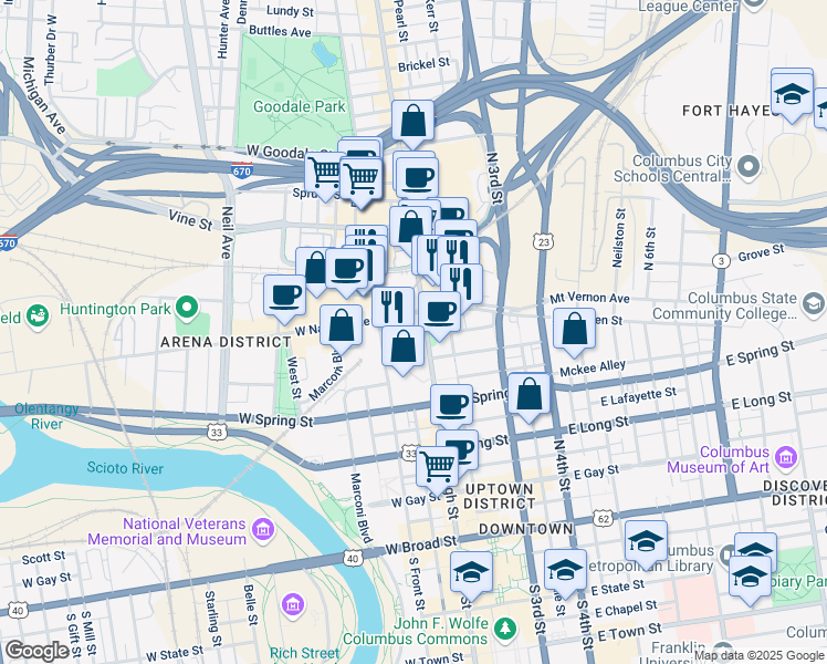 map of restaurants, bars, coffee shops, grocery stores, and more near 1 Nationwide Plaza in Columbus