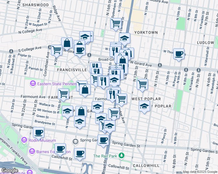 map of restaurants, bars, coffee shops, grocery stores, and more near 1504 Parrish Street in Philadelphia