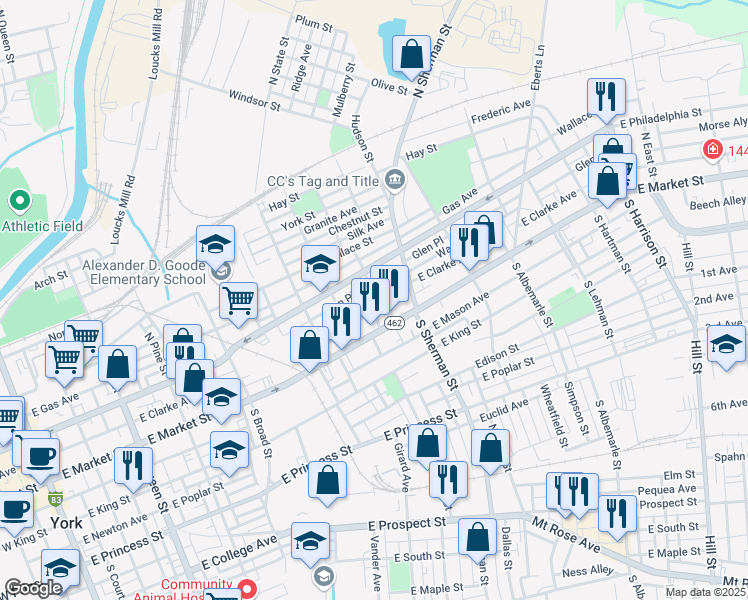map of restaurants, bars, coffee shops, grocery stores, and more near 43 North Franklin Street in York