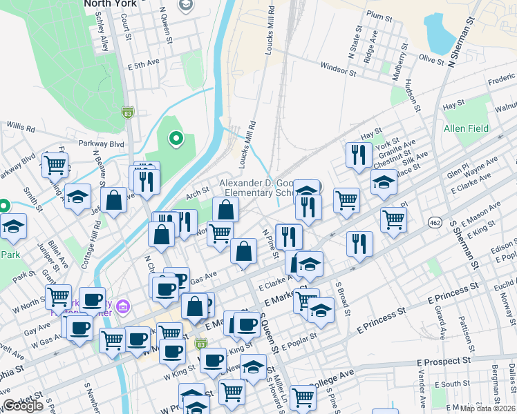 map of restaurants, bars, coffee shops, grocery stores, and more near 305 York Street in York