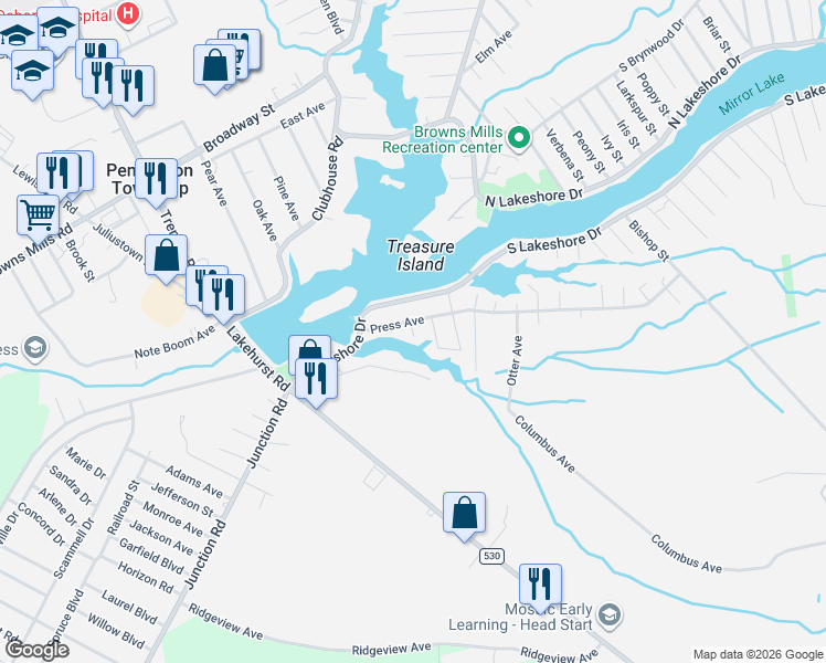 map of restaurants, bars, coffee shops, grocery stores, and more near 67 Press Avenue in Browns Mills