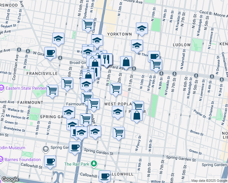 map of restaurants, bars, coffee shops, grocery stores, and more near 1209 Parrish Street in Philadelphia
