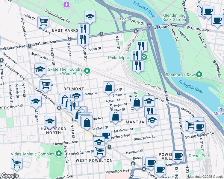 map of restaurants, bars, coffee shops, grocery stores, and more near 3863 Reno Street in Philadelphia