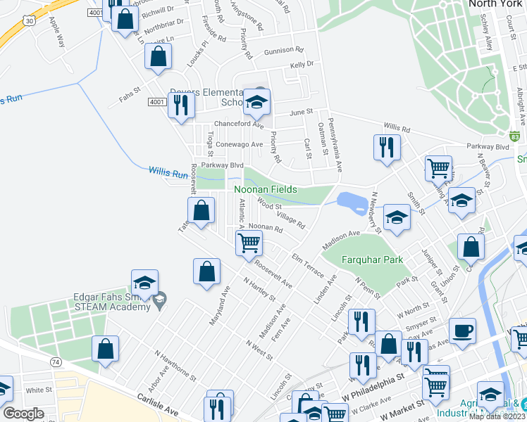 map of restaurants, bars, coffee shops, grocery stores, and more near 324 Maryland Avenue in York