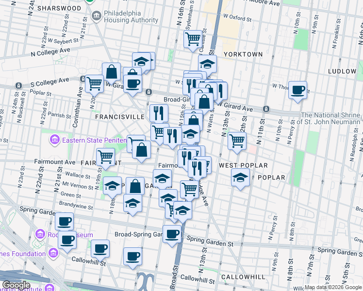 map of restaurants, bars, coffee shops, grocery stores, and more near 1504 Parrish Street in Philadelphia