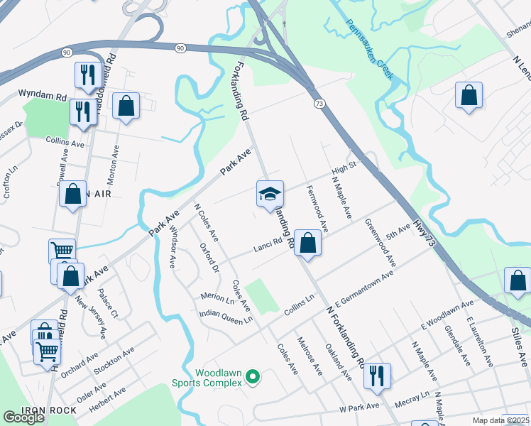 map of restaurants, bars, coffee shops, grocery stores, and more near 748 North Forklanding Road in Maple Shade Township