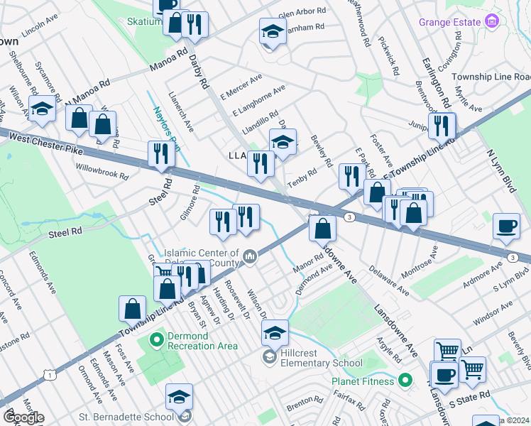 map of restaurants, bars, coffee shops, grocery stores, and more near 250 West Chester Pike in Havertown