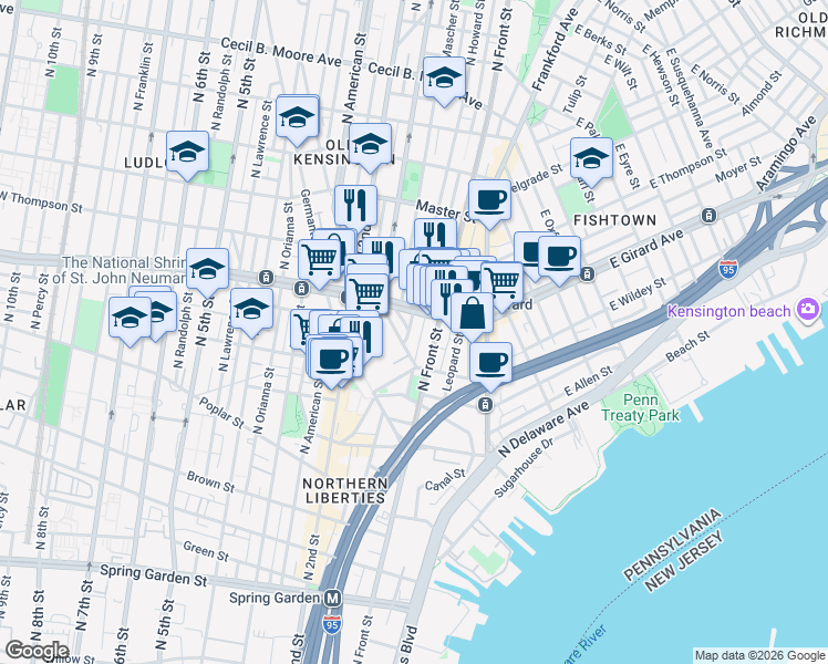 map of restaurants, bars, coffee shops, grocery stores, and more near 1146 O'Neil Street in Philadelphia