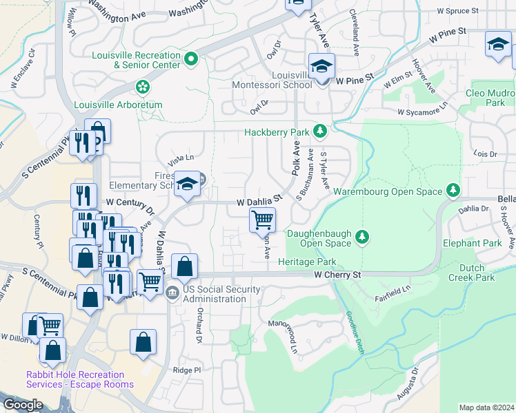 map of restaurants, bars, coffee shops, grocery stores, and more near 664 West Dahlia Street in Louisville