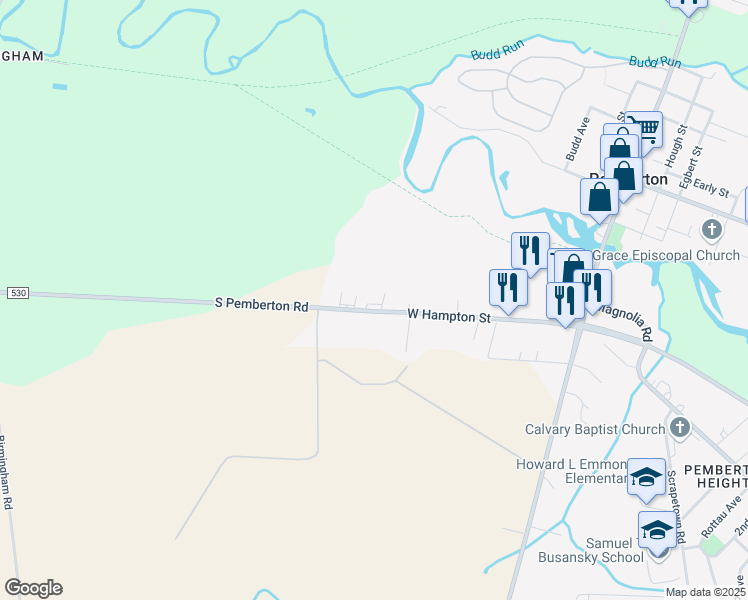 map of restaurants, bars, coffee shops, grocery stores, and more near 198 West Hampton Street in Pemberton