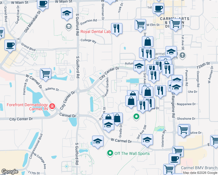 map of restaurants, bars, coffee shops, grocery stores, and more near 12479 Carmel Garden in Carmel