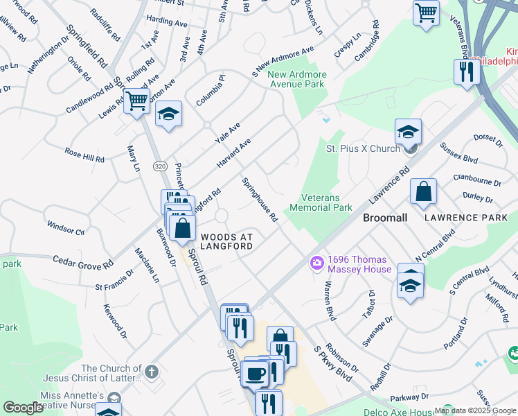 map of restaurants, bars, coffee shops, grocery stores, and more near 2050 Springhouse Road in Broomall