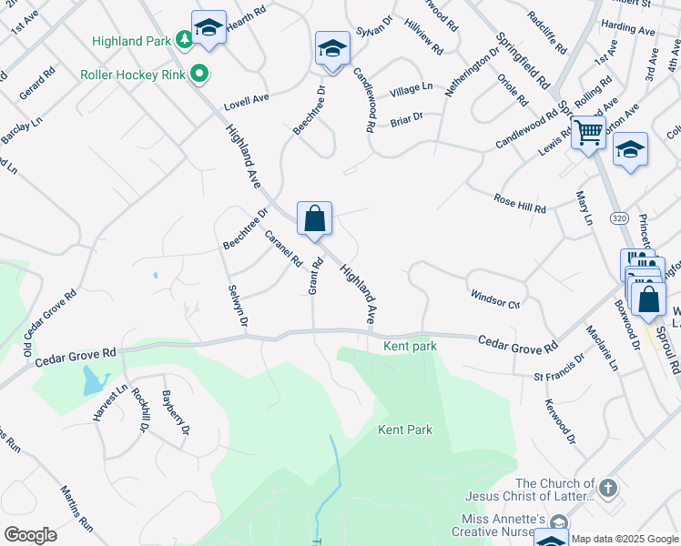 map of restaurants, bars, coffee shops, grocery stores, and more near 2600 Highland Avenue in Broomall