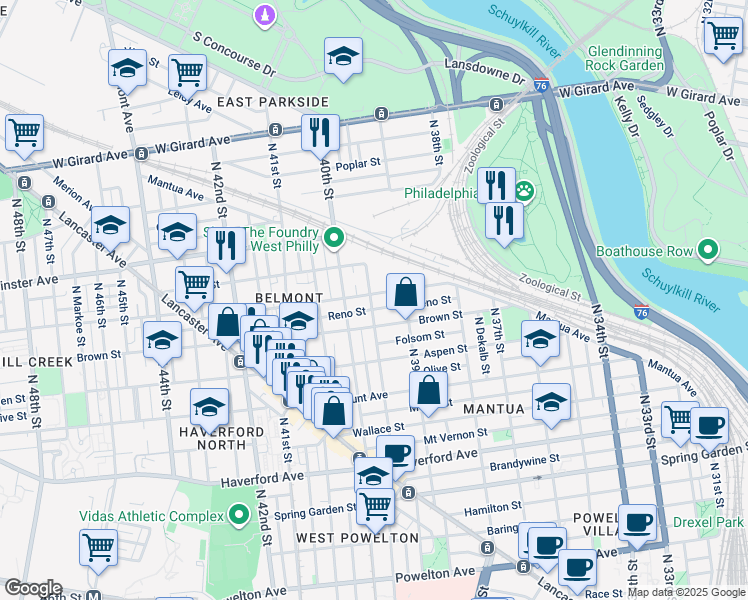 map of restaurants, bars, coffee shops, grocery stores, and more near 3944 Parrish Street in Philadelphia