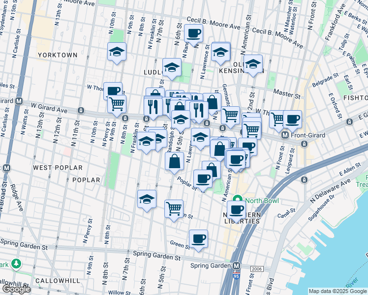map of restaurants, bars, coffee shops, grocery stores, and more near 1006 North Orkney Street in Philadelphia