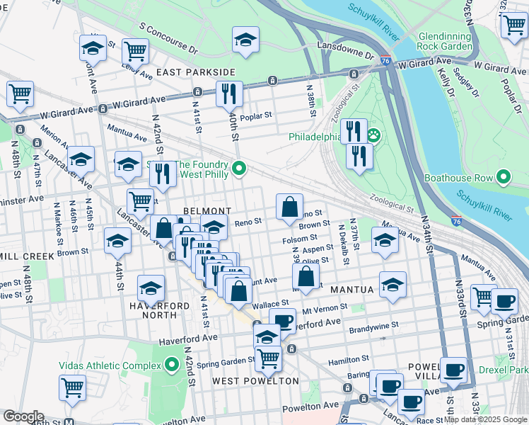 map of restaurants, bars, coffee shops, grocery stores, and more near 848 North Union Street in Philadelphia