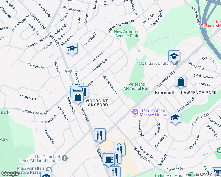 map of restaurants, bars, coffee shops, grocery stores, and more near 2050 Springhouse Road in Broomall