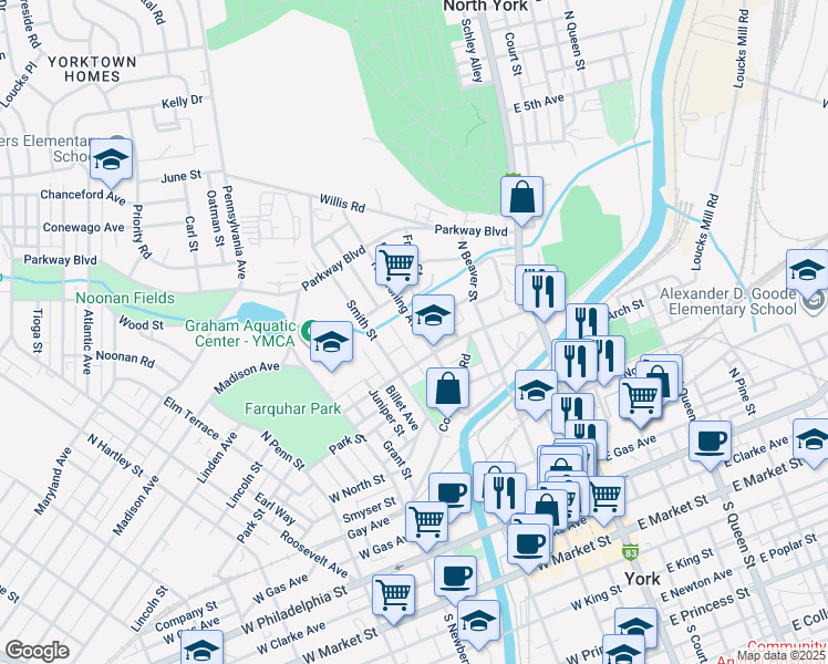 map of restaurants, bars, coffee shops, grocery stores, and more near 532 North Pershing Avenue in York