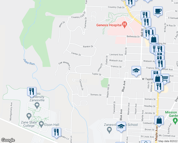 map of restaurants, bars, coffee shops, grocery stores, and more near 1135 Taylor Street in Zanesville