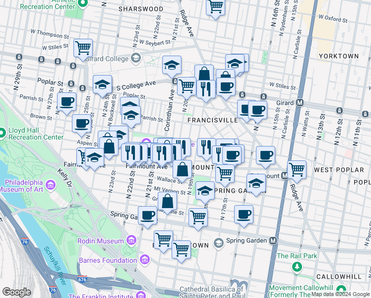 map of restaurants, bars, coffee shops, grocery stores, and more near 750 North Uber Street in Philadelphia
