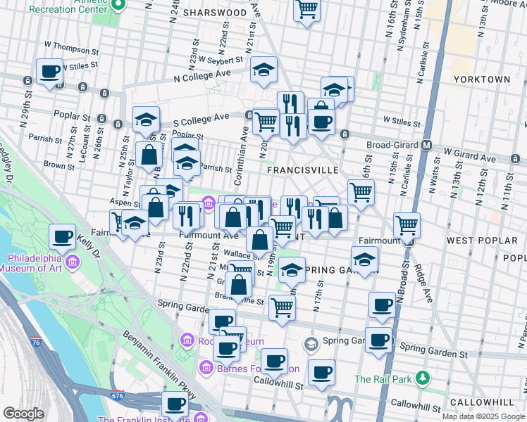 map of restaurants, bars, coffee shops, grocery stores, and more near 750 North Uber Street in Philadelphia