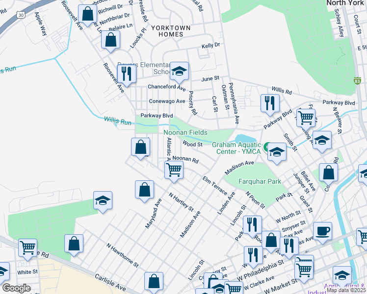 map of restaurants, bars, coffee shops, grocery stores, and more near 324 Maryland Avenue in York