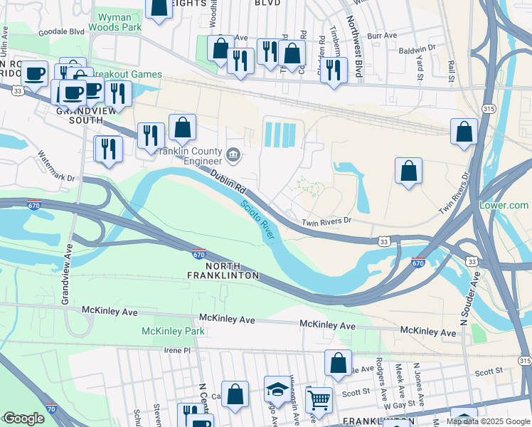 map of restaurants, bars, coffee shops, grocery stores, and more near 907 Dublin Road in Columbus