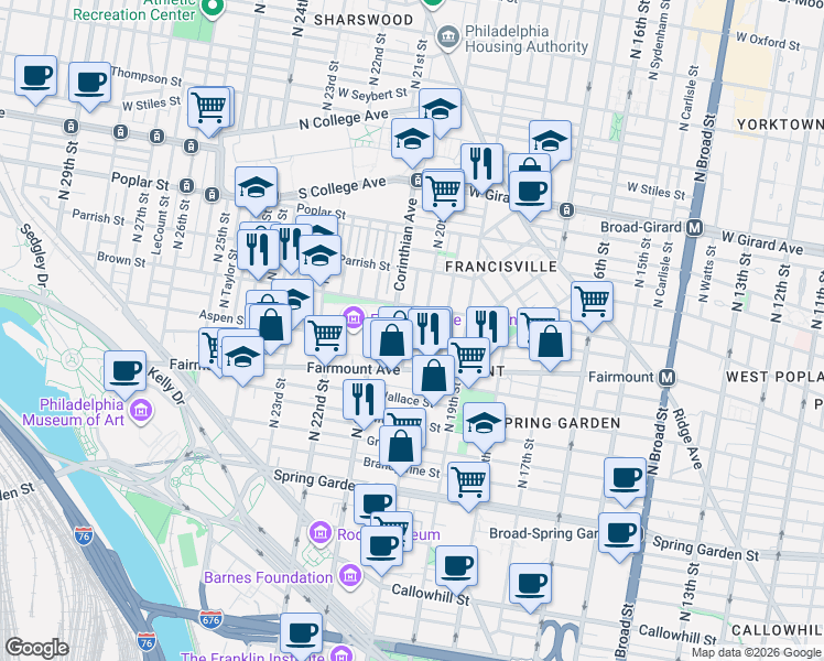 map of restaurants, bars, coffee shops, grocery stores, and more near 818 Corinthian Avenue in Philadelphia