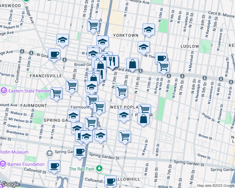 map of restaurants, bars, coffee shops, grocery stores, and more near 1221 Parrish Street in Philadelphia
