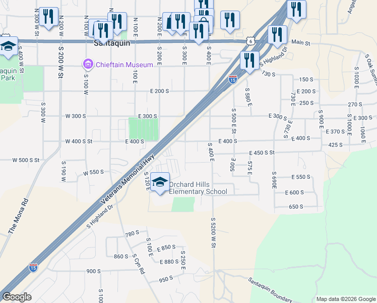 map of restaurants, bars, coffee shops, grocery stores, and more near 455 South 300 East in Santaquin