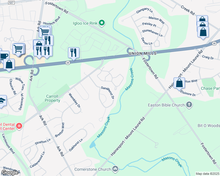 map of restaurants, bars, coffee shops, grocery stores, and more near 54 Sandhurst Drive in Mount Laurel