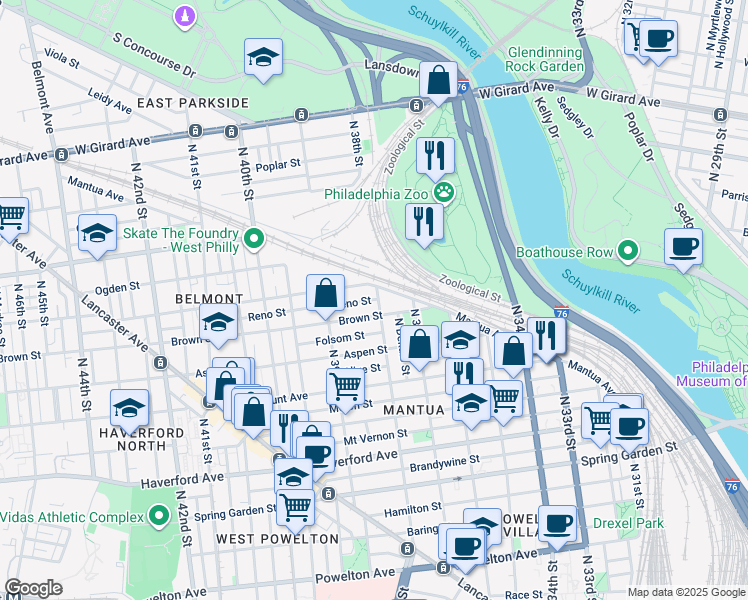map of restaurants, bars, coffee shops, grocery stores, and more near 822 North 38th Street in Philadelphia