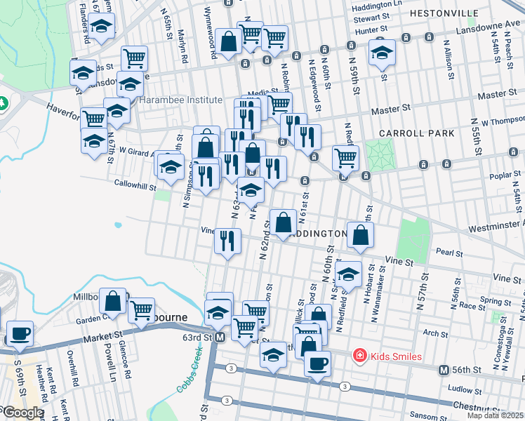 map of restaurants, bars, coffee shops, grocery stores, and more near 6212 Callowhill Street in Philadelphia