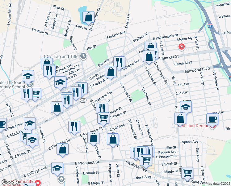 map of restaurants, bars, coffee shops, grocery stores, and more near 943 East King Street in York