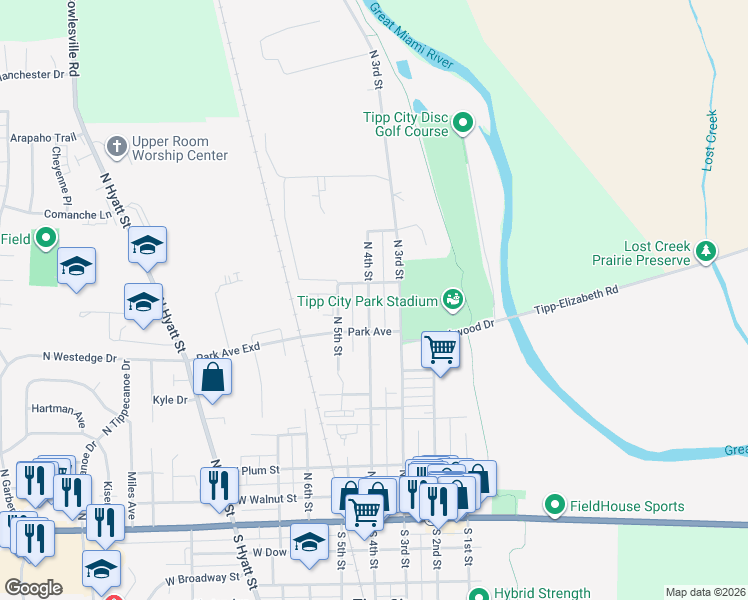 map of restaurants, bars, coffee shops, grocery stores, and more near 436 North 4th Street in Tipp City