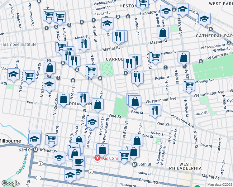 map of restaurants, bars, coffee shops, grocery stores, and more near Haverford Ave & N 58th St in Philadelphia