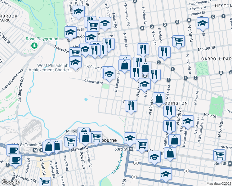 map of restaurants, bars, coffee shops, grocery stores, and more near 315 North Simpson Street in Philadelphia